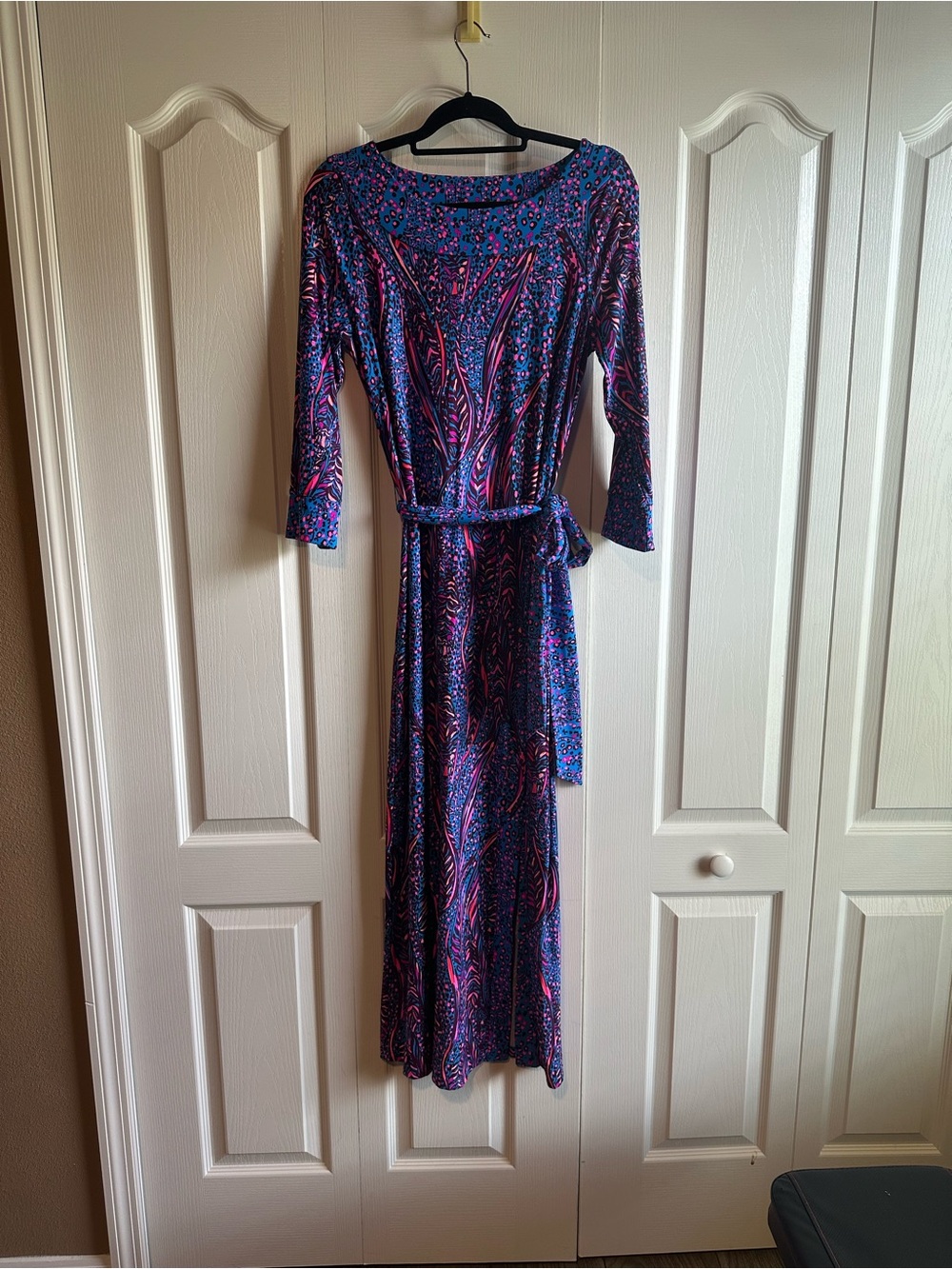 Lilly Pulitzer Blue and Pink Maxi Dress with Tie Belt UPF 50+ NWT
